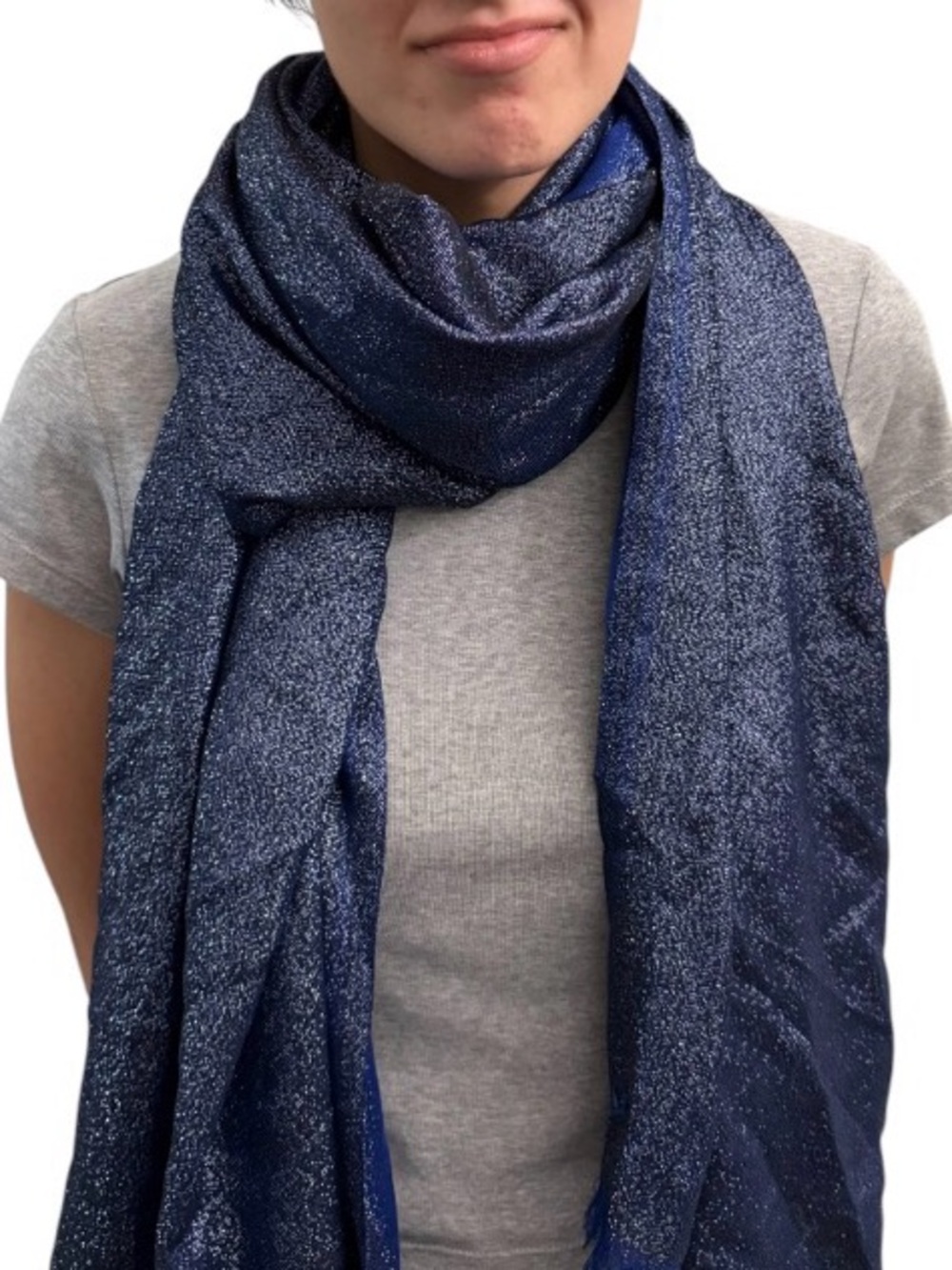 Calvin Klein Women's 2 Tone Shimmering Blue Metallic Fringed Shawl Wrap One Size